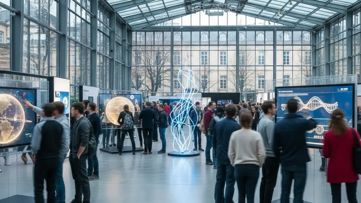 Imagen genérica de un espacio de exposición científica con pantallas interactivas y personas difuminadas.