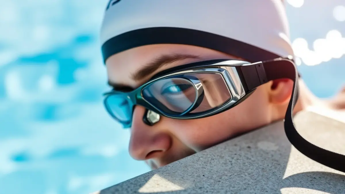 Imatge genèrica d'unes ulleres i un casquet de nadador en la vora d'una piscina, amb aigua blava desenfocada al fons.