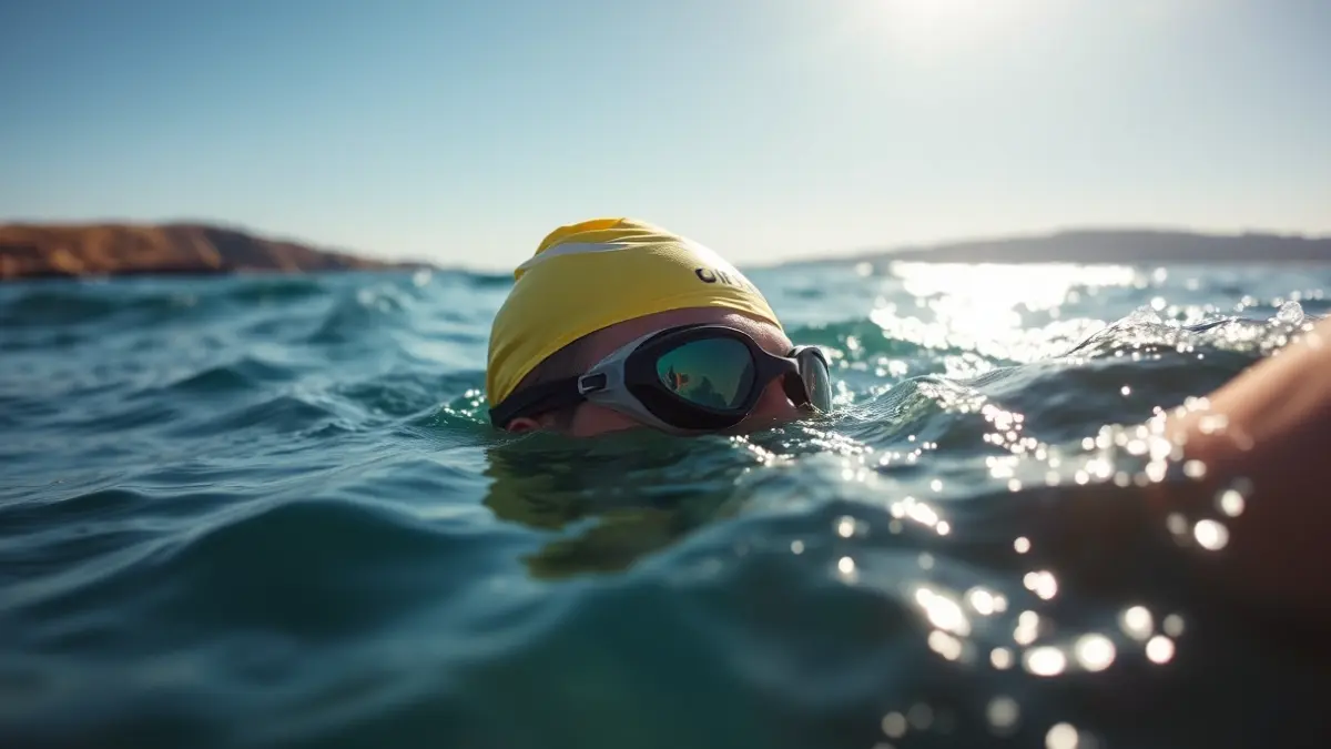 Imagen genérica de unas gafas y un gorro de nadador emergiendo del agua, con olas borrosas y una costa lejana.