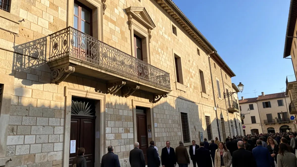 Generic image of a Mediterranean town hall facade with an ornate iron balcony.