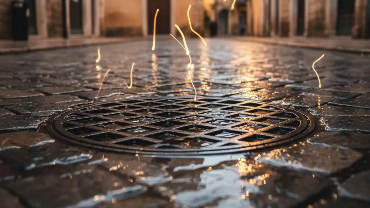 Imatge genèrica d'una reixa de claveguera en un carrer mullat, amb reflexos borrosos d'edificis i fanals, suggerint pluja recent en una ciutat mediterrània.