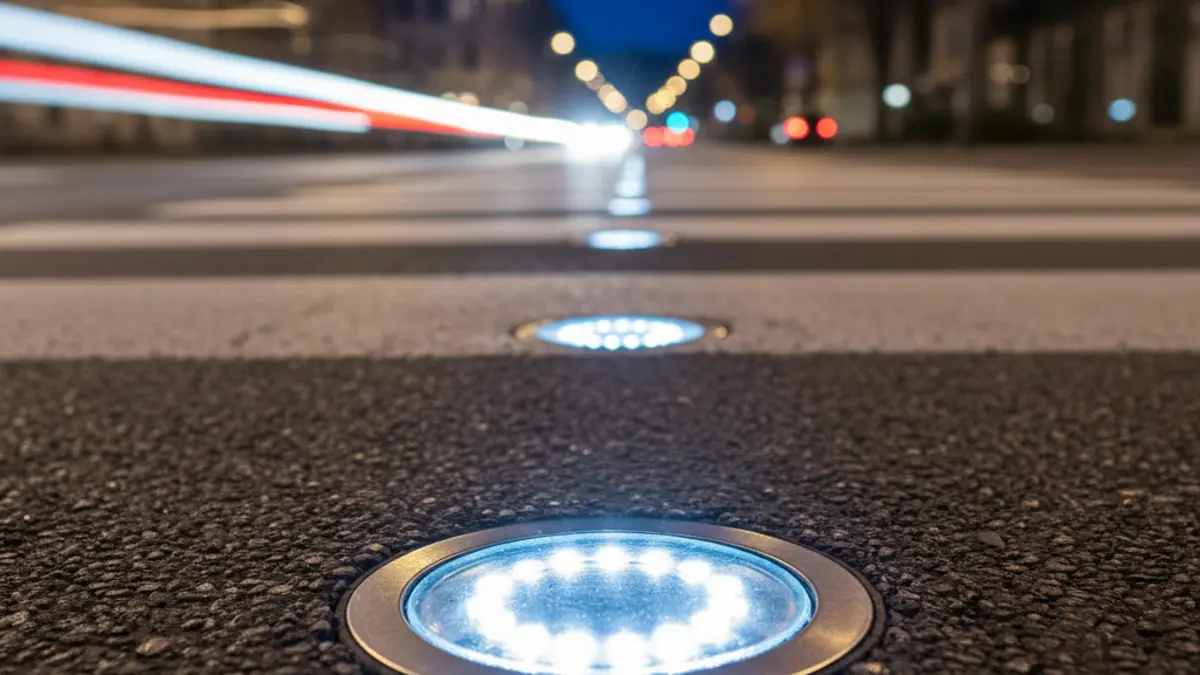 Imagen genérica de un captafaro solar luminoso en un paso de peatones de noche, mejorando la visibilidad.