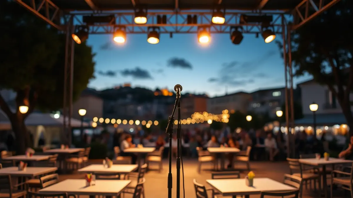 Imatge d'un escenari a l'aire lliure amb un micròfon, preparat per a un espectacle de comèdia en una ciutat mediterrània.