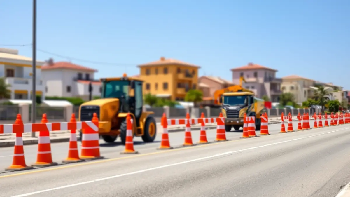 Imagen genérica de obras en una carretera con maquinaria pesada y vallas de seguridad.