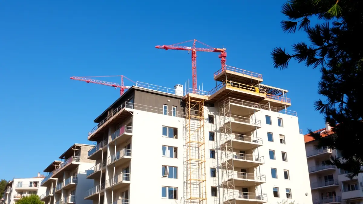 Imatge d'un edifici residencial en construcció en una ciutat mediterrània, amb bastides i grues, baix un cel blau clar.