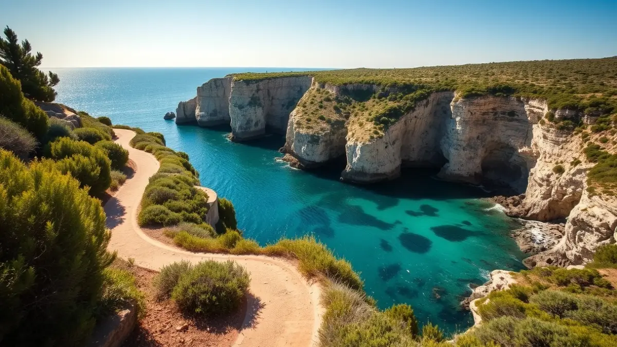 Imatge d'un camí verd costaner en la Marina Alta, amb penya-segats i aigua turquesa del Mediterrani.