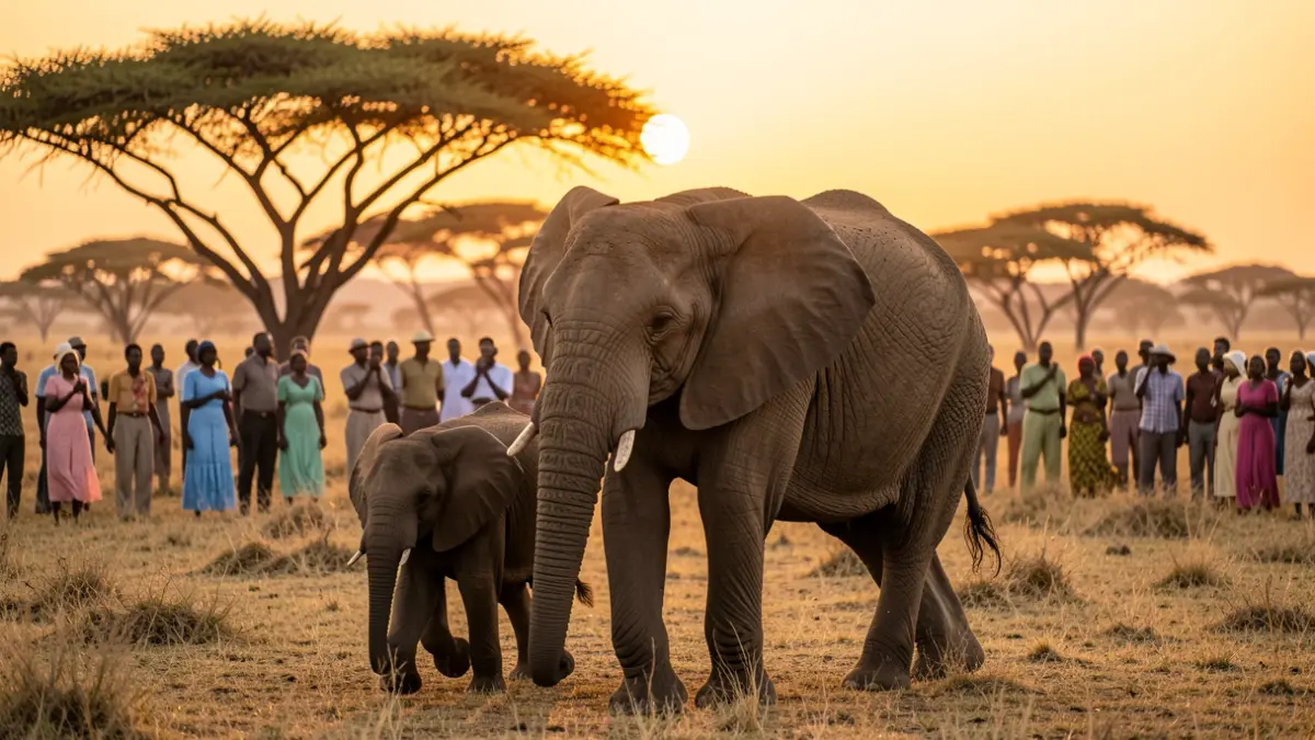 Imagen genérica de un elefante y su cría en una sabana africana al atardecer.