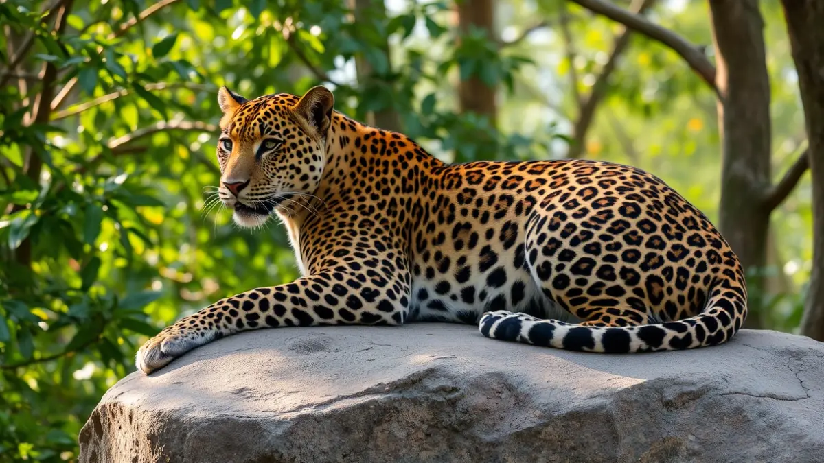 Imagen de un leopardo de Sri Lanka en su hábitat natural, con su pelaje manchado y elegante, descansando sobre una roca.