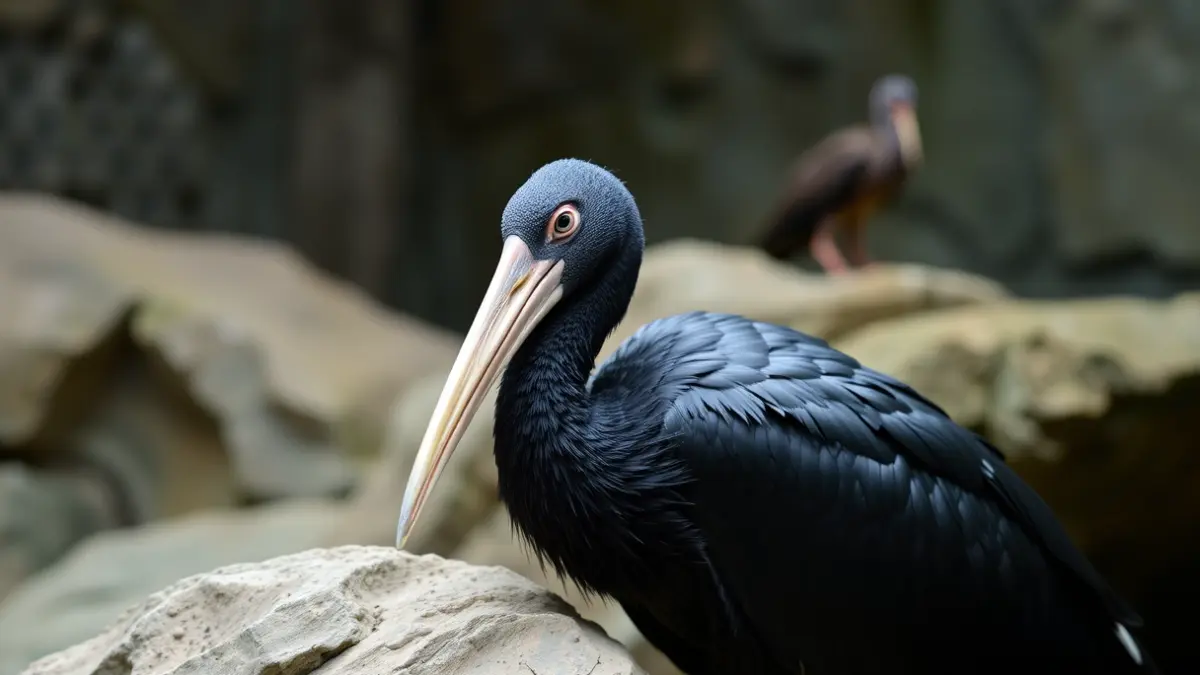 Image of a northern bald ibis, an exotic bird with black plumage and a curved beak, in its simulated habitat at Bioparc València.