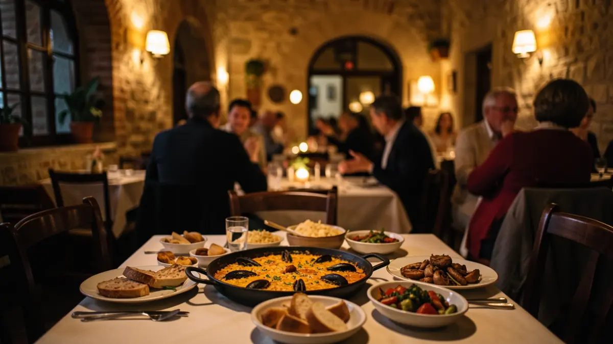 Generic image of a cozy dining setting with paella and small dishes, evoking a family atmosphere.