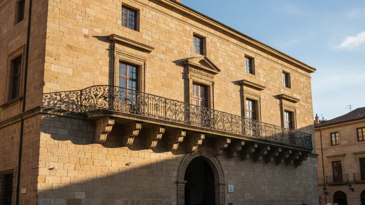 Facade of Bocairent town hall with wrought iron balconies and warm sunlight.