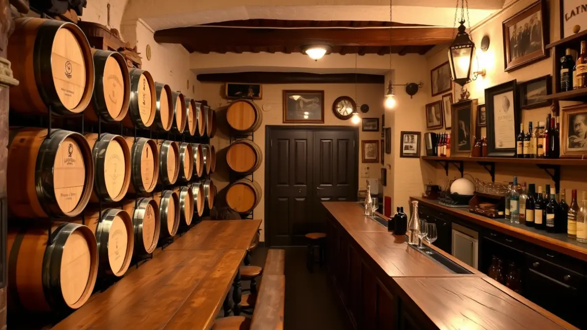 Image of the interior of a traditional bodega with wooden barrels and a bar, with a warm and welcoming atmosphere.