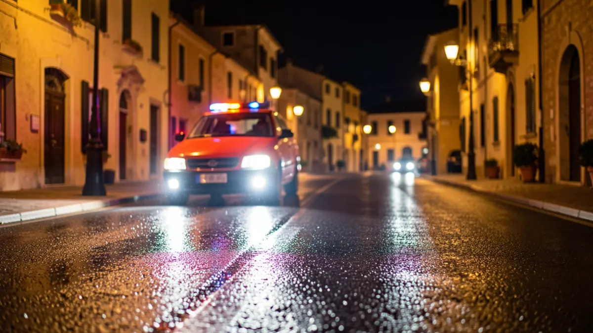 Generic image of emergency lights reflecting on wet asphalt at night.