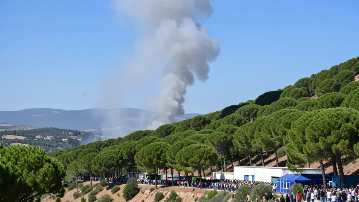 Imatge genèrica de fum sorgint d'una zona boscosa prop d'una instal·lació industrial.