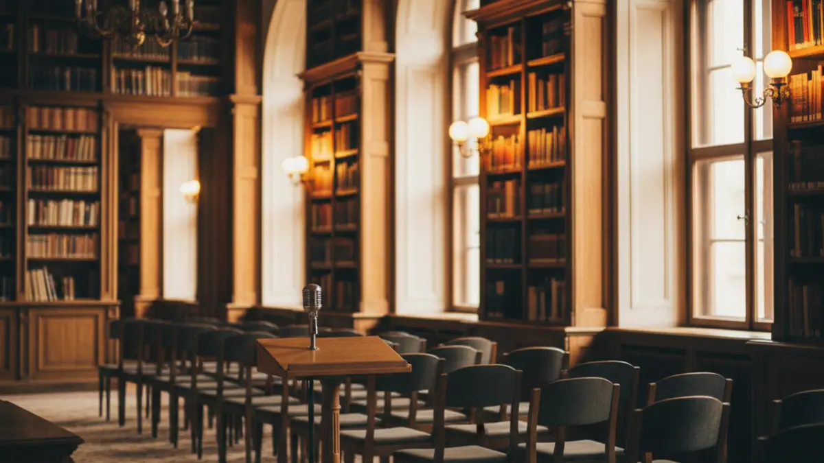 Imagen genérica de un interior de biblioteca con estanterías de madera y un micrófono en un podio.