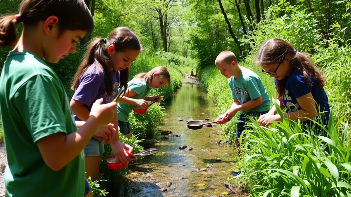 Imagen de alumnos en un paraje natural, actuando como biólogos, examinando plantas y agua.