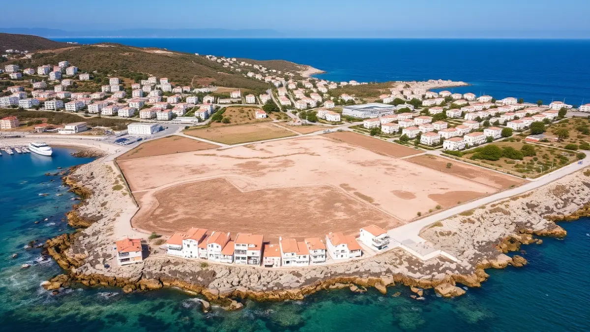 Imagen aérea de un solar sin urbanizar cerca del puerto de Burriana, con edificios residenciales y el mar al fondo.
