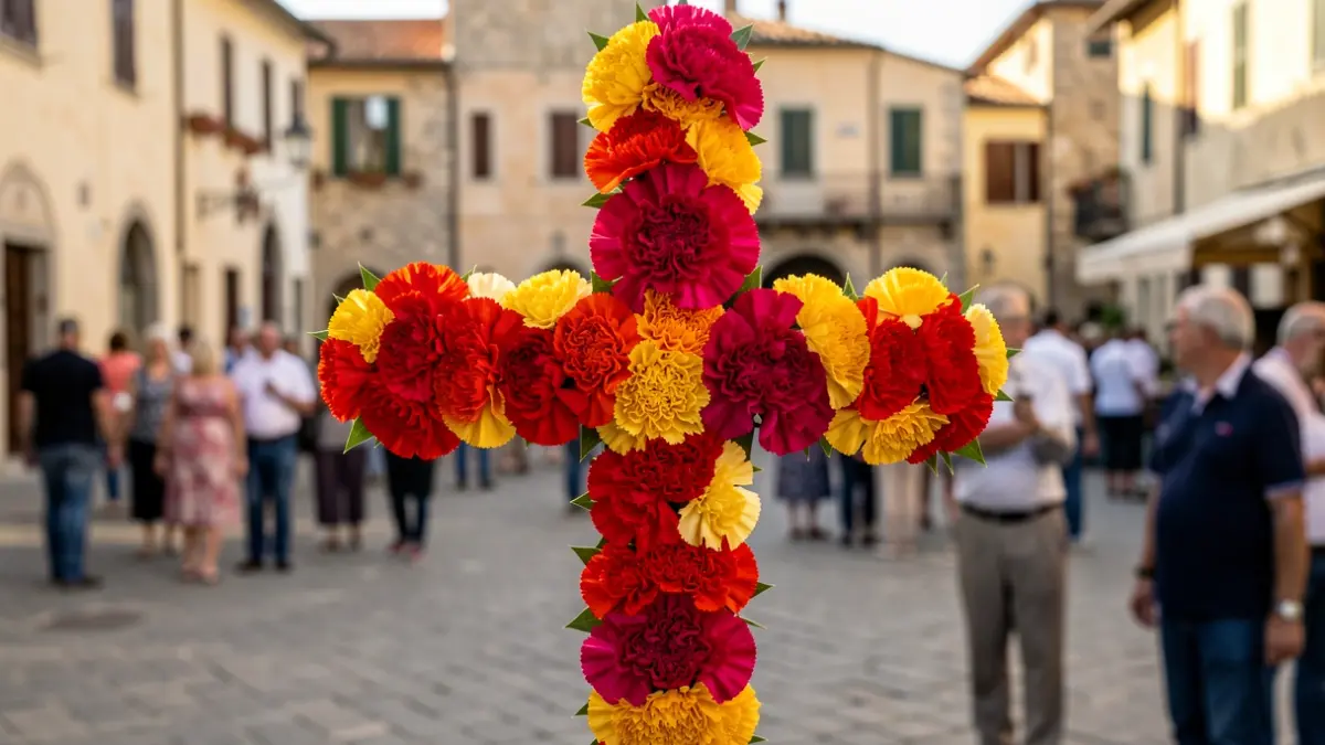 Imagen de una cruz de flores tradicional decorada con claveles para las fiestas de Burriana.