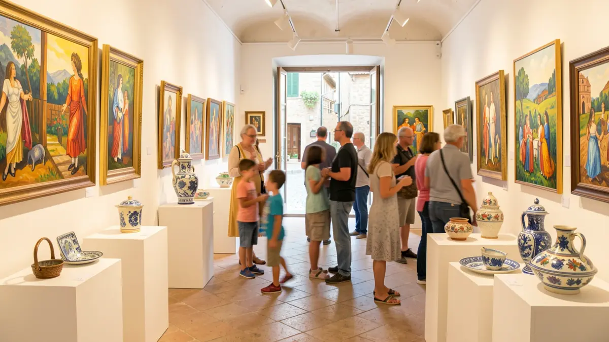 Generic image of a children's and youth art exhibition with paintings and ceramics.