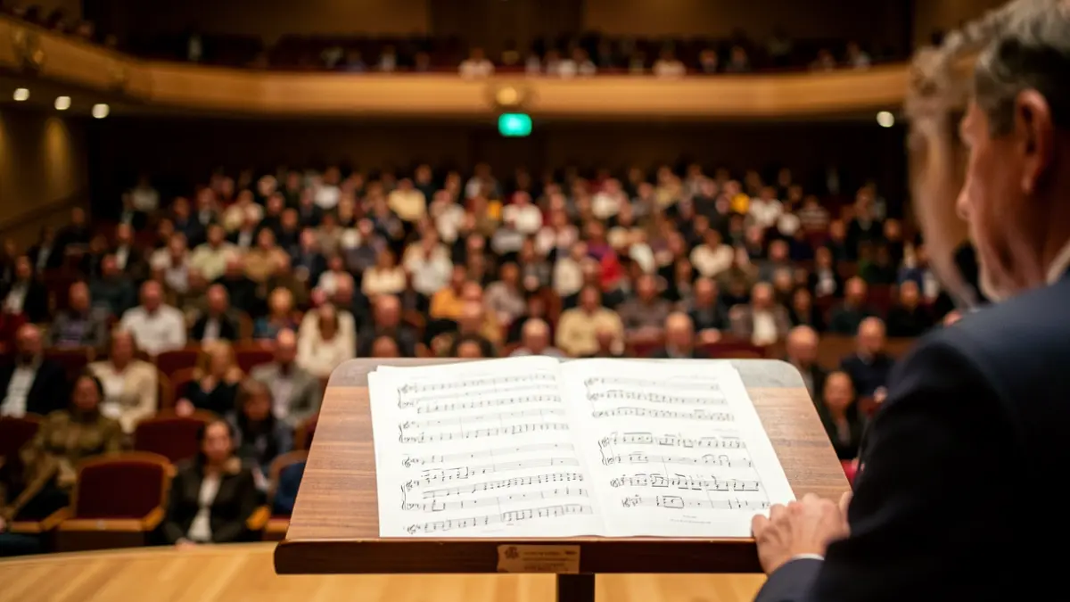 Generic image of a music stand with a score in a concert hall.