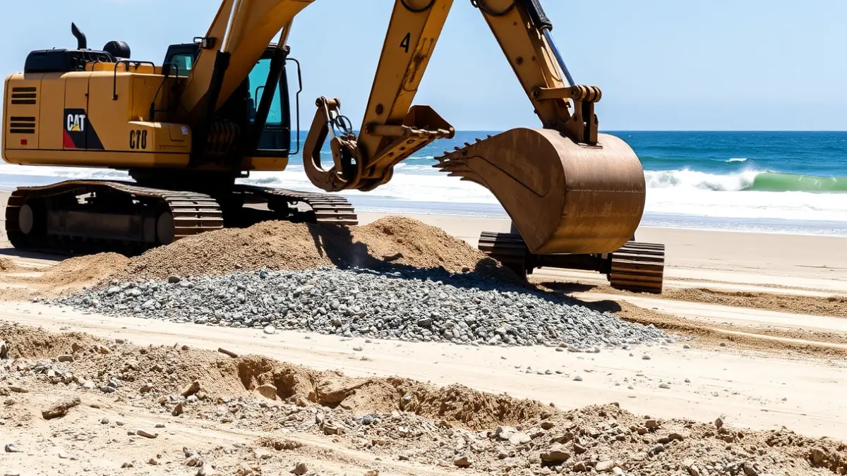 Maquinaria pesada trabajando en una playa para retirar grava, con el mar de fondo.