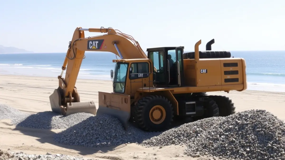 Imatge d'una excavadora treballant en una platja de Borriana, movent grava per a la seua adequació.