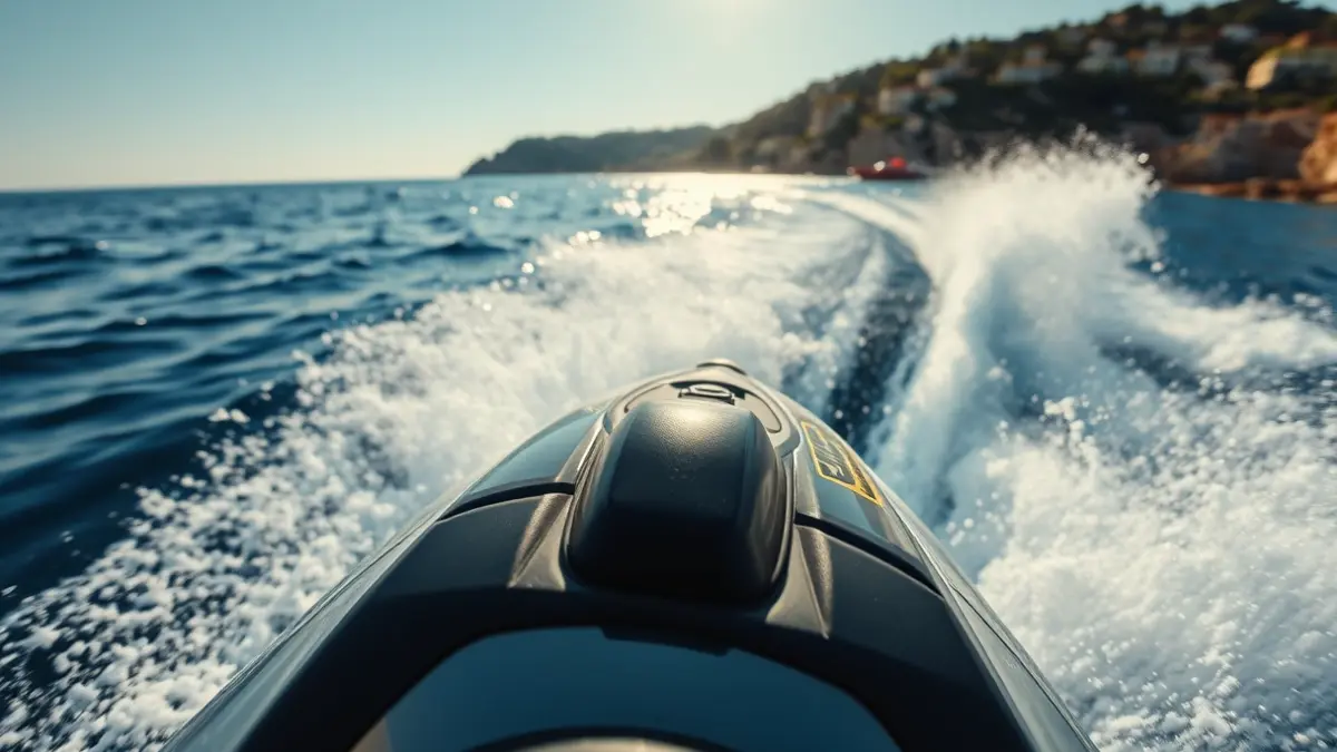 Image of a jet ski in full competition, with water spray and the coastline in the background.