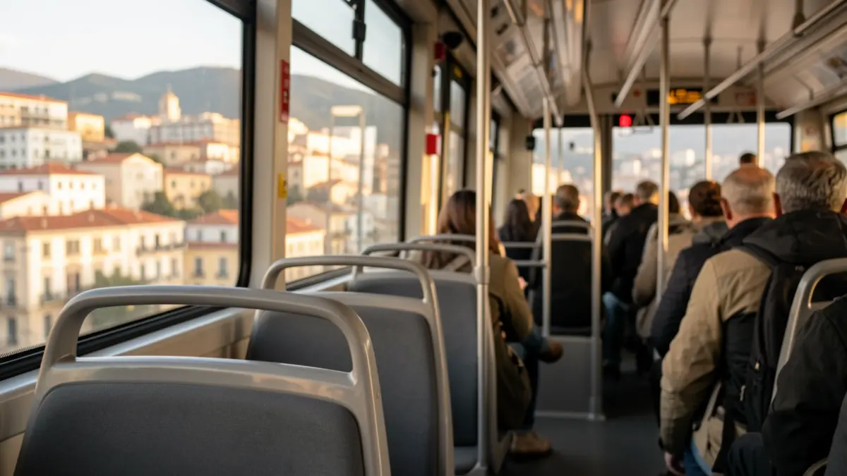 Imagen genérica del interior de un tranvía moderno con una ciudad mediterránea al fondo.