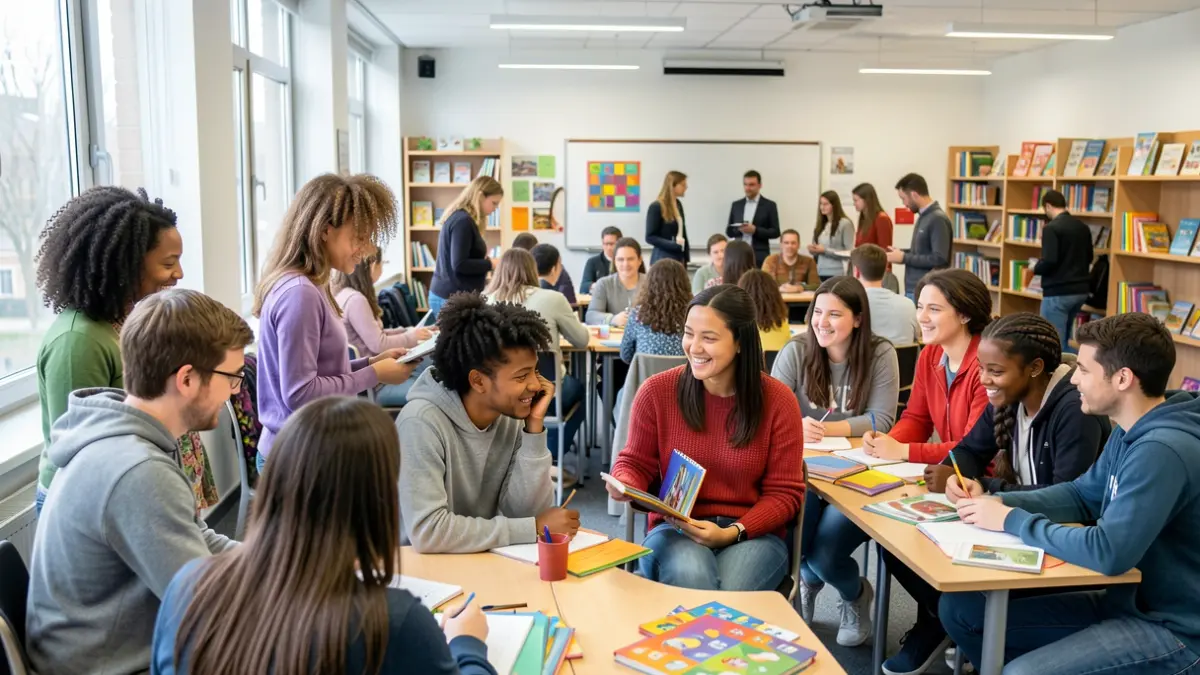 Generic image of diverse students interacting in a multicultural classroom setting.