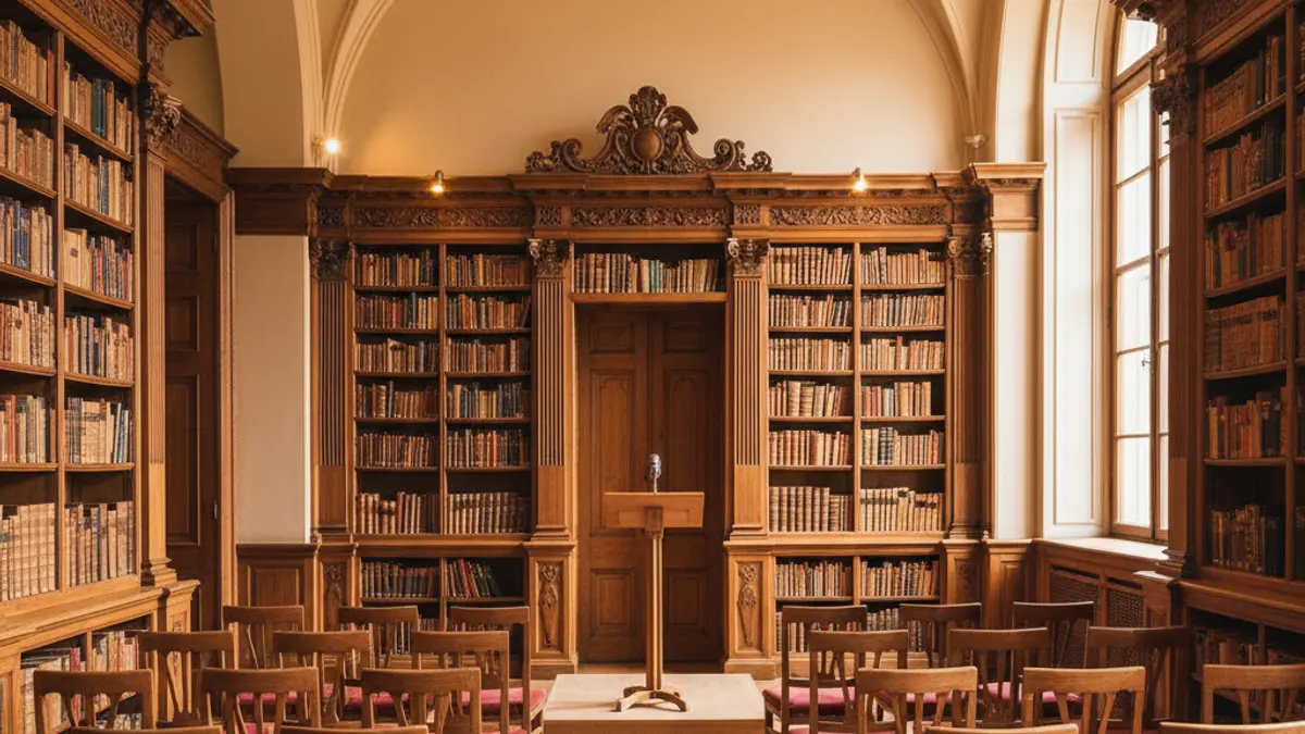 Imatge genèrica d'un interior de biblioteca amb prestatgeries de fusta i un podi, representant un esdeveniment cultural.