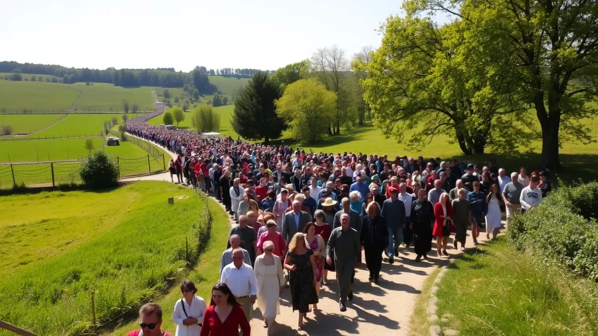Generic image of a large pilgrimage in a rural setting, with people walking along a path through green fields.