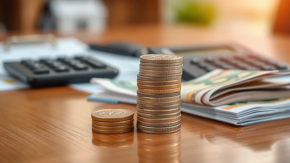 Generic image of euro coins and banknotes on a desk, with blurred financial documents in the background, representing banking growth.