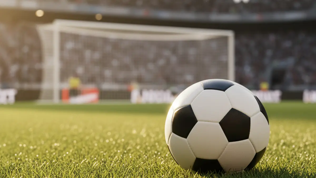 Generic image of a soccer ball on a grass field, with a blurred goal net in the background.