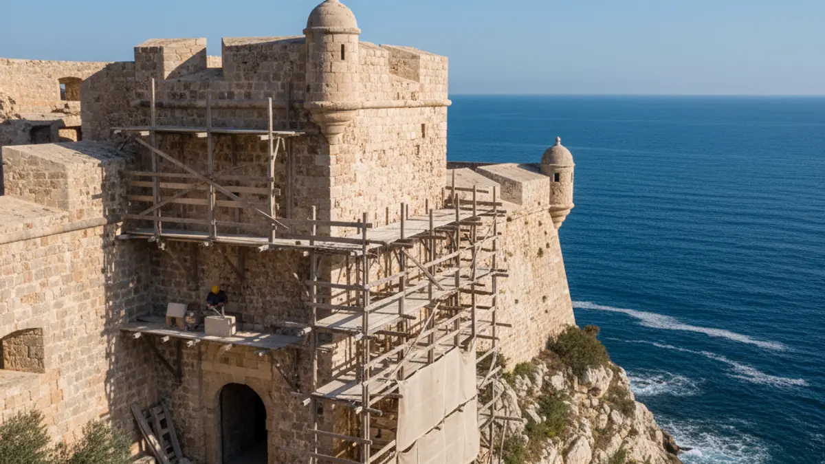 Image of Fort de Bèrnia under restoration, with prominent architectural elements.