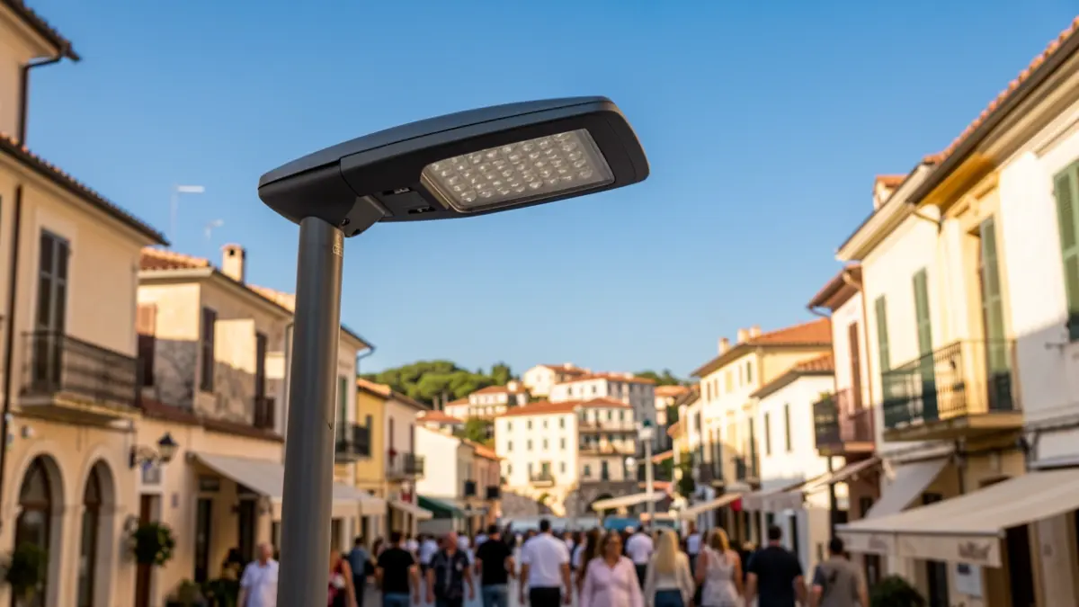 Imatge genèrica d'una farola LED moderna en un entorn urbà mediterrani.