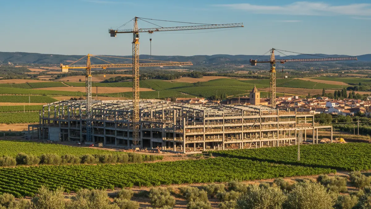 Imatge d'un complex industrial en construcció en un paisatge rural valencià.