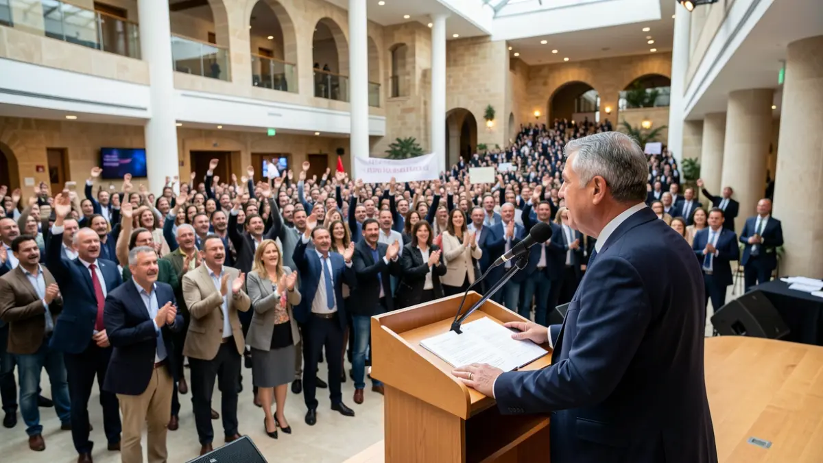 Generic image of a political rally in Valencia with a speaker and supporters.