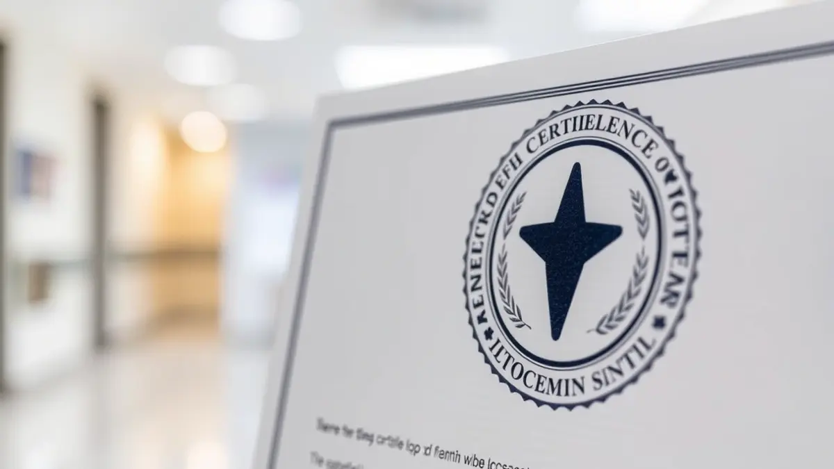 Generic image of a medical certification document with an excellence seal, with a blurred hospital background.