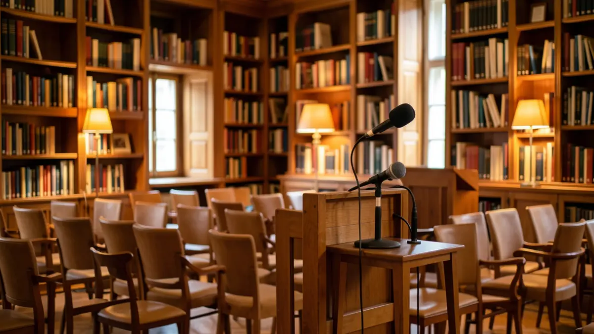 Generic image of an event hall prepared for a book presentation.