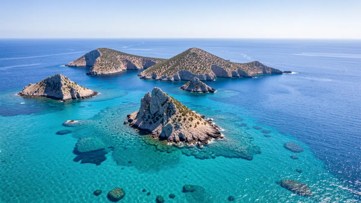 Vista aèria de les Illes Columbretes, un arxipèlag volcànic al mar Mediterrani.