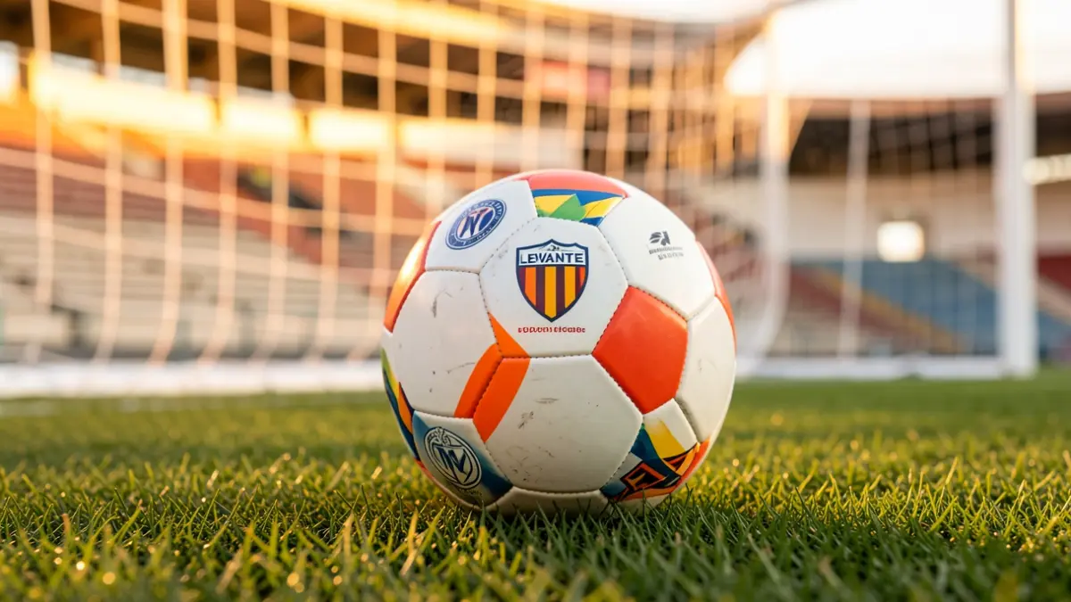 Imagen genérica de un balón de fútbol del Levante UD sobre el césped de un estadio.