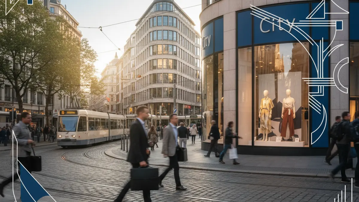 Image of an urban corner with pedestrian traffic and office buildings, with a retail establishment in the foreground.