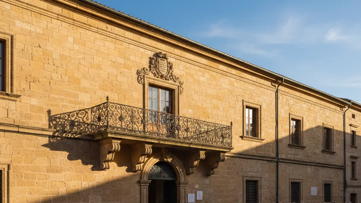 Fachada del ayuntamiento de Castalla, con balcón y barandillas de hierro, bañada por la luz del sol de la tarde.