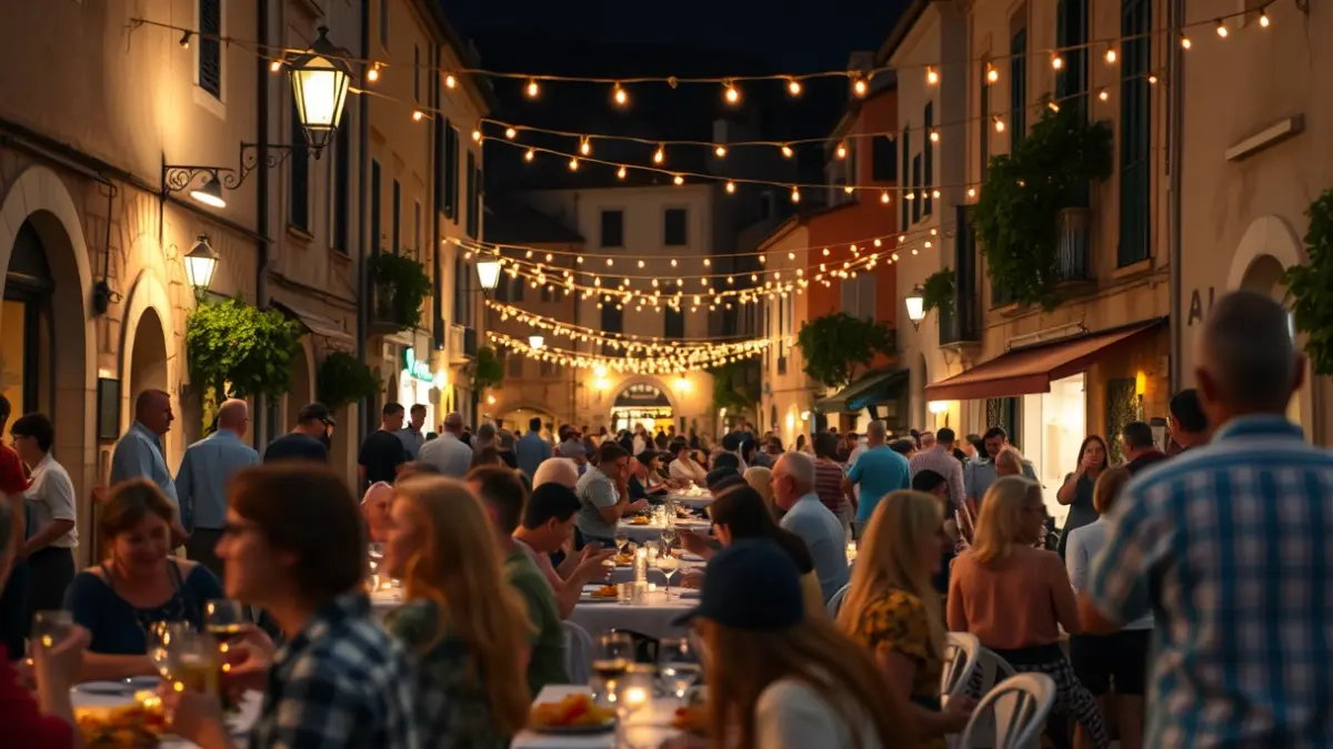 Imatge genèrica d'un sopar popular en un carrer de nit, amb llums i gent gaudint de la festa.