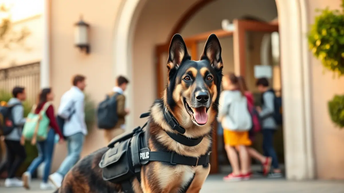 Imagen de un perro policía con su guía cerca de un centro educativo en Castelló.