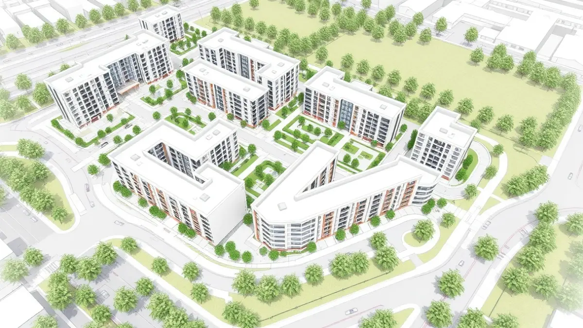 Imatge d'un plànol arquitectònic d'un desenvolupament residencial modern, amb edificis i zones verdes.