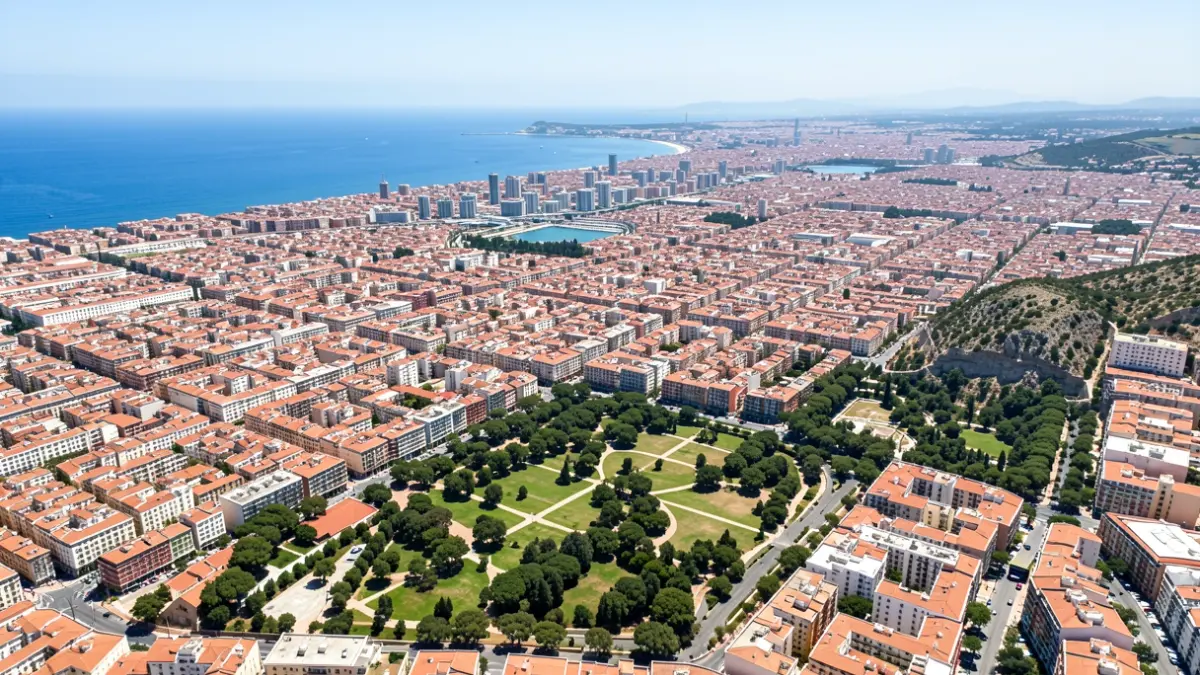 Vista aèria de la ciutat de Castelló amb la costa mediterrània al fons.