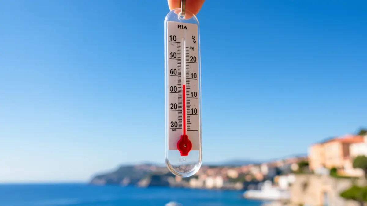 Termòmetre que marca altes temperatures amb cel blau i costa mediterrània al fons.