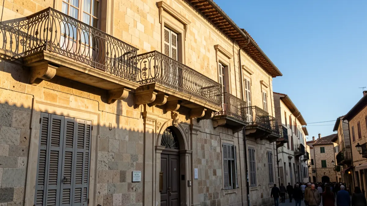 Facade of a Mediterranean town hall with an iron balcony, afternoon light.