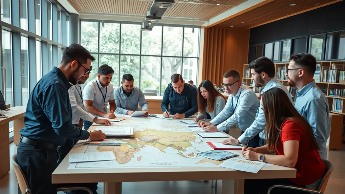 Image of a group of professionals and students collaborating at a table with maps and documents in an educational center.